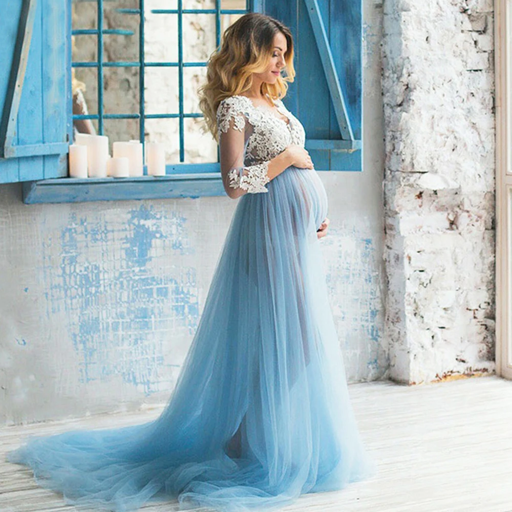 

A-Line Long Sleeves V-Neck Long Maternity Evening Gown for Pregnant Woman White Appliques Top Bodice Vo Blue Tulle Evening Dress