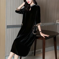 office lady o neck half sleeves women dress black silk velvet embroidery high quality mid length dresses for women with pockets