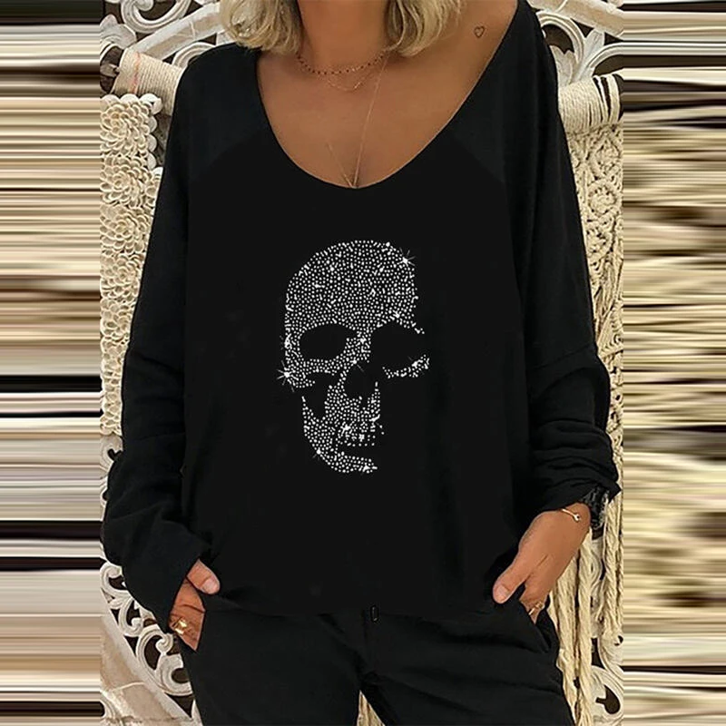 

Patchwork Skeleton Pattern Femme Casual Blouse Women V Neck Loose Oversized Black Tops Streetwear Long Sleeve Pullovers Blusa