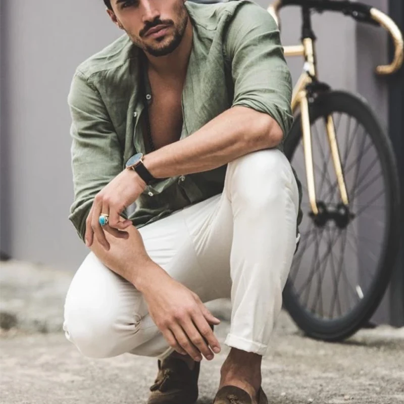 Мужские модные повседневные рубашки Social Slim Fit льняные Простые Топы на пуговицах
