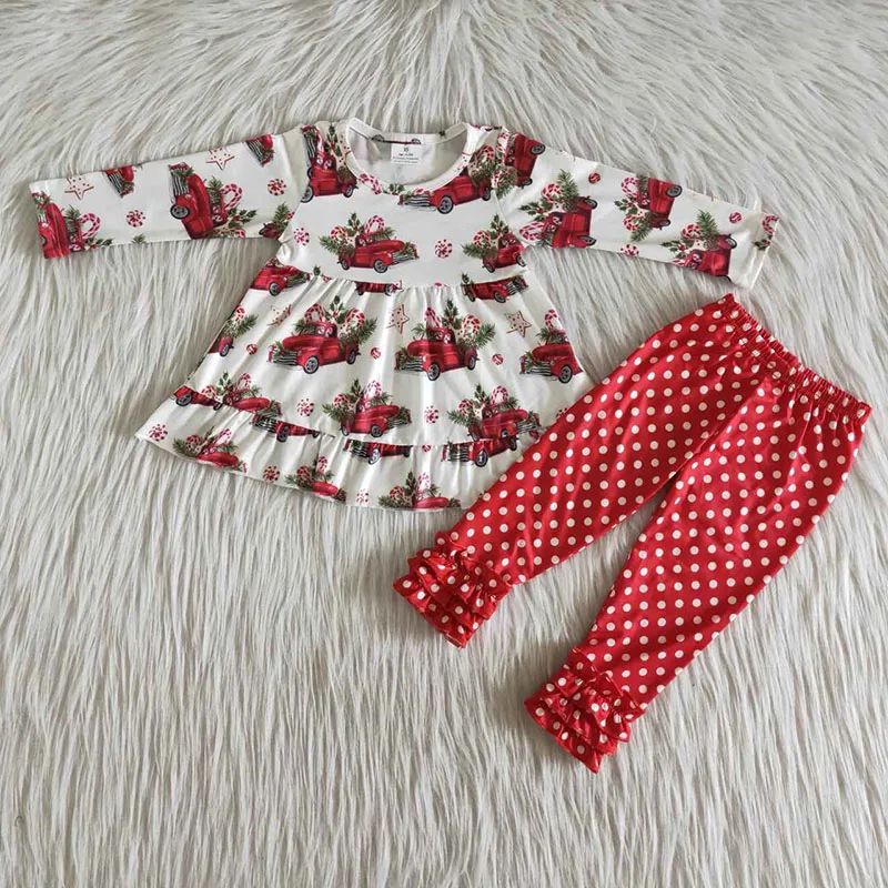 

wholesale children baby girls Christmas car tree Clothing sets Kids long sleeve shirt top red plaid Dots ruffle pants outfit