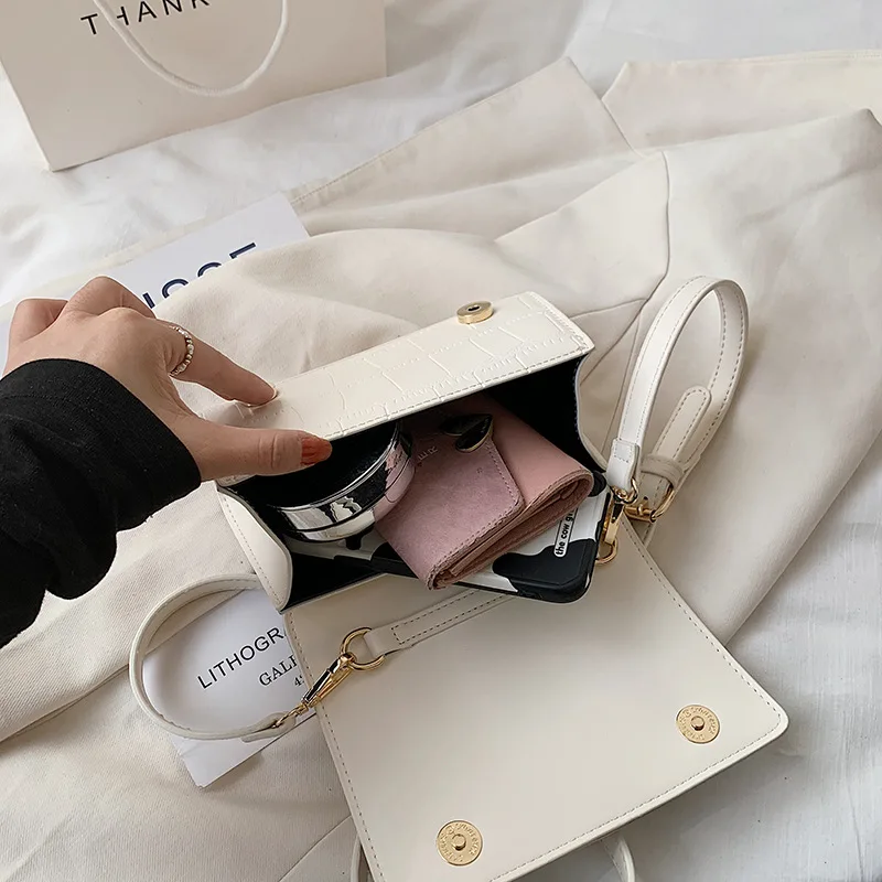 

Mini PU Leather Crossbody Bags For Women 2021 Summer Stone Pattern Shoulder Simple Handbag Female Tote Handbags Flap with Chains