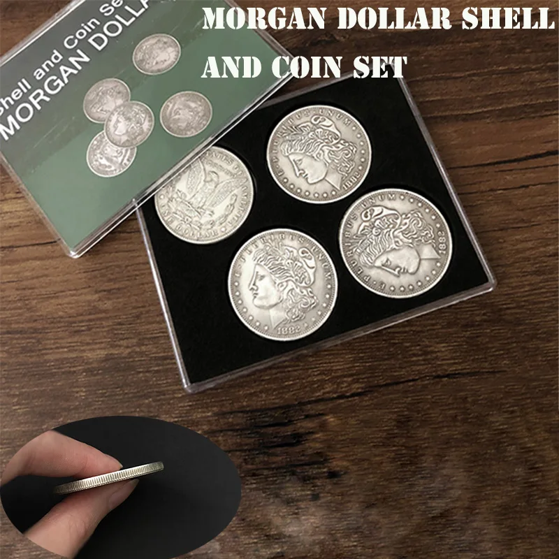 Morgan Dollar Shell and Coin Set(5 монет+ 1 голова оболочки+ 1 хвост оболочки) магические трюки крупным планом магический трюк реквизит монеты Magie