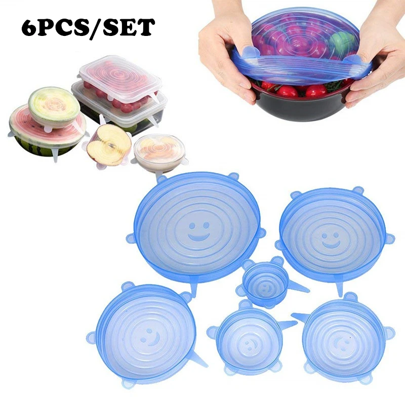 

6 Pcs Silicone Cover Lid Fresh Keeping Silicone Stretch Lids Caps For Food Pot Dish Kitchen Accessories