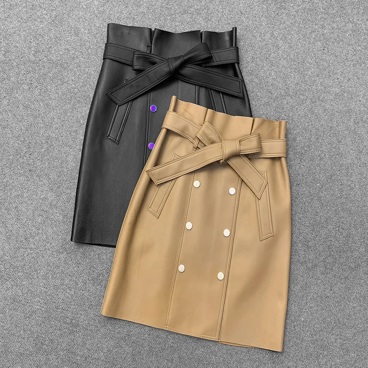 

2021 Spring fahion women's genuine double-breasted skirts high qulity high-rise leather skirt A044