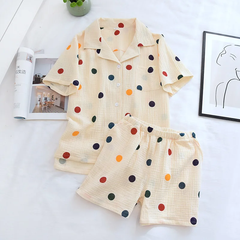 

Women Summer Pajamas Short-sleeved Cotton Lounge Wear Polka Dot Thin Loose Sleepwear Two Piece Pijamas Shorts Home Clothing