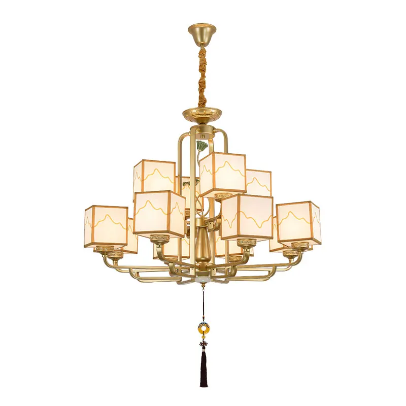 

New Chinese Style Chandelier Villa Living Room Club Project Stair Iron Lamps Building Mezzanine Duplex Fabric Lampshade Fixture