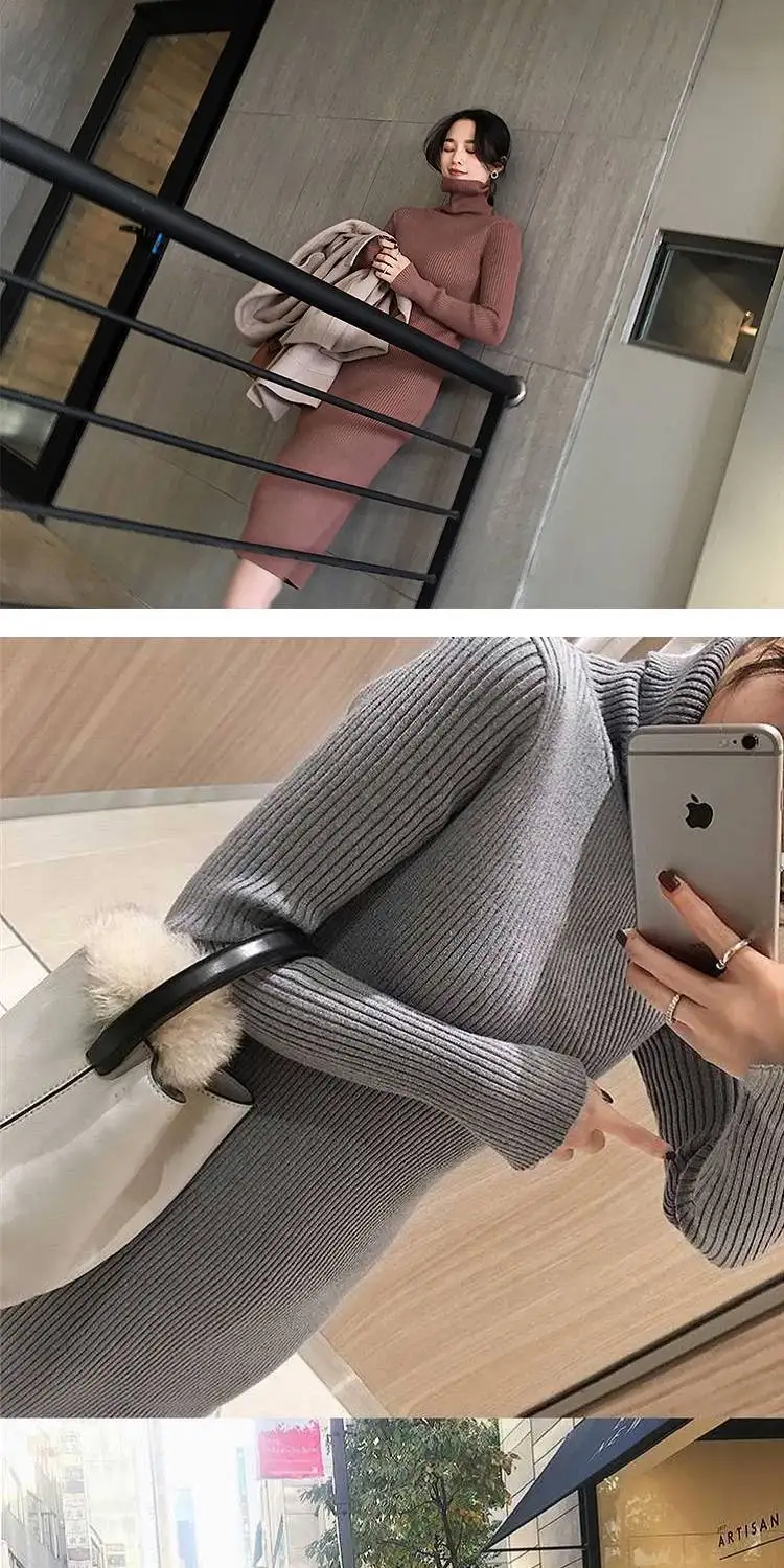 Женский вязаный свитер платье водолазка макси Vestidos с длинным рукавом Повседневные осенне-зимние платья пуловеры вязаный джемпер