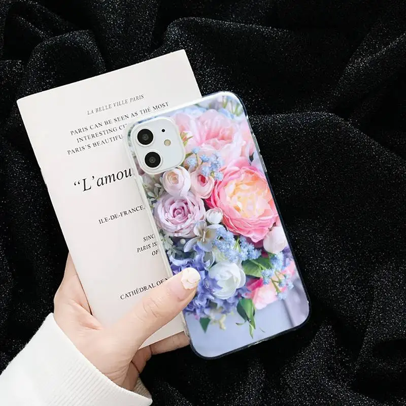 

Pink Purple Peony Flower shell Phone Case Transparent soft For iphone 5 5s 5c se 6 6s 7 8 11 12 plus mini x xs xr pro max
