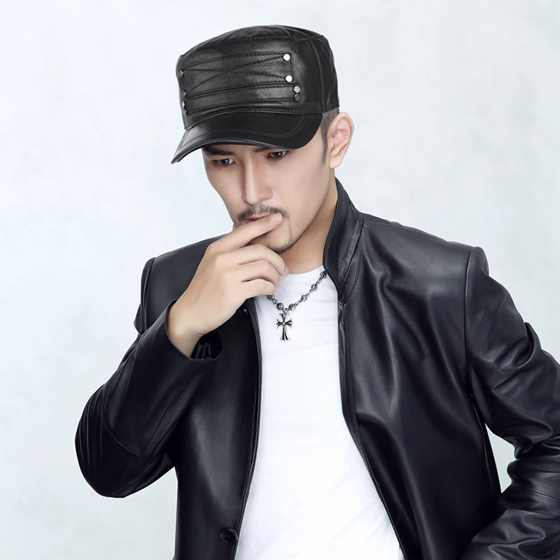 Шапка мужская из натуральной кожи Классическая теплая шапка в стиле милитари