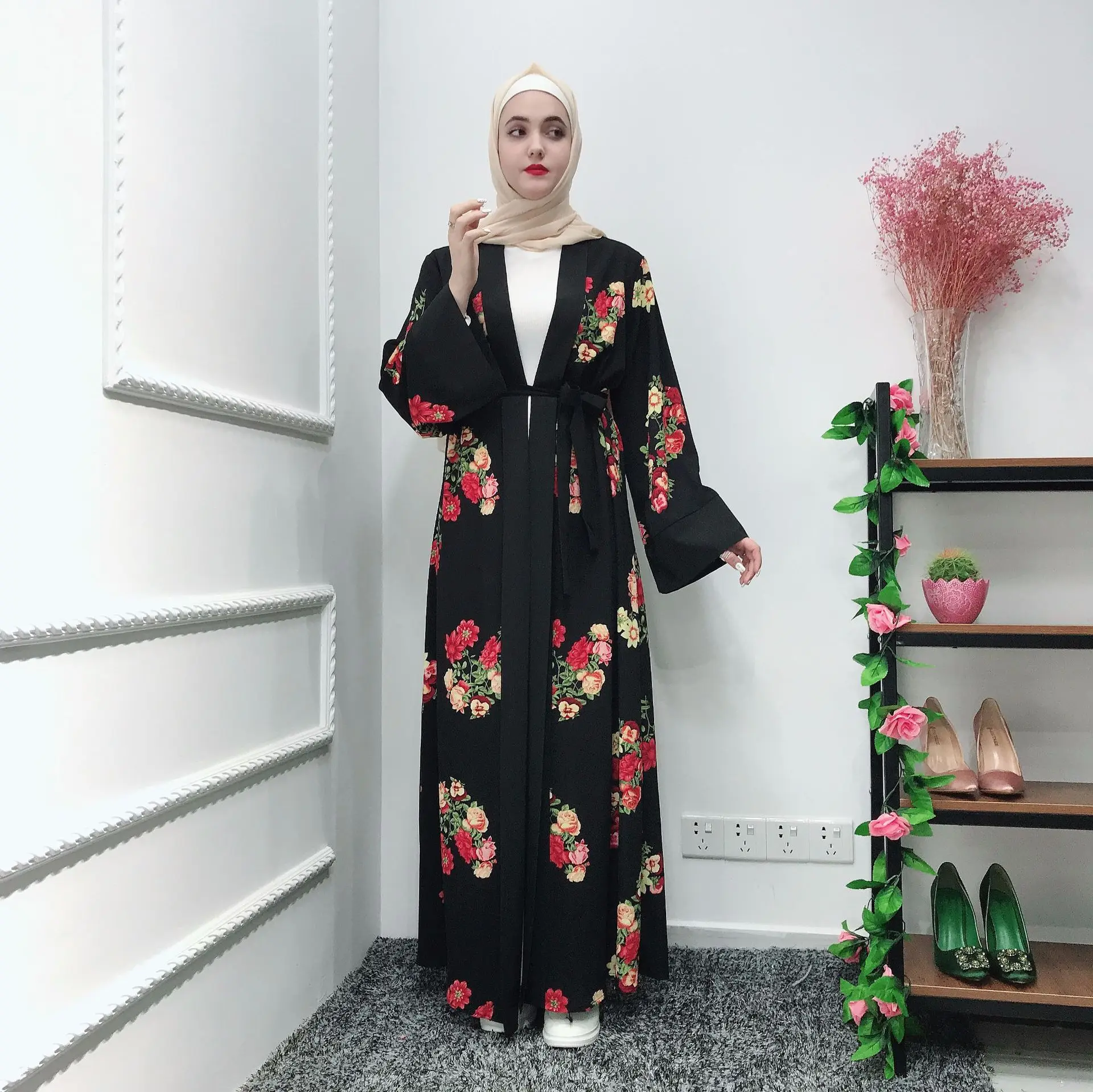 Элегантное Цветочное платье-хиджаб в мусульманском стиле с открытой абаей
