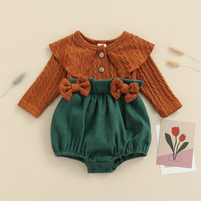 

Baby Girls Body Jumpsuit Girls Boys Warm Clothes Spring Girls Patchwork Bowknot Long Sleeve Rompers Knitted Newborn Clothing