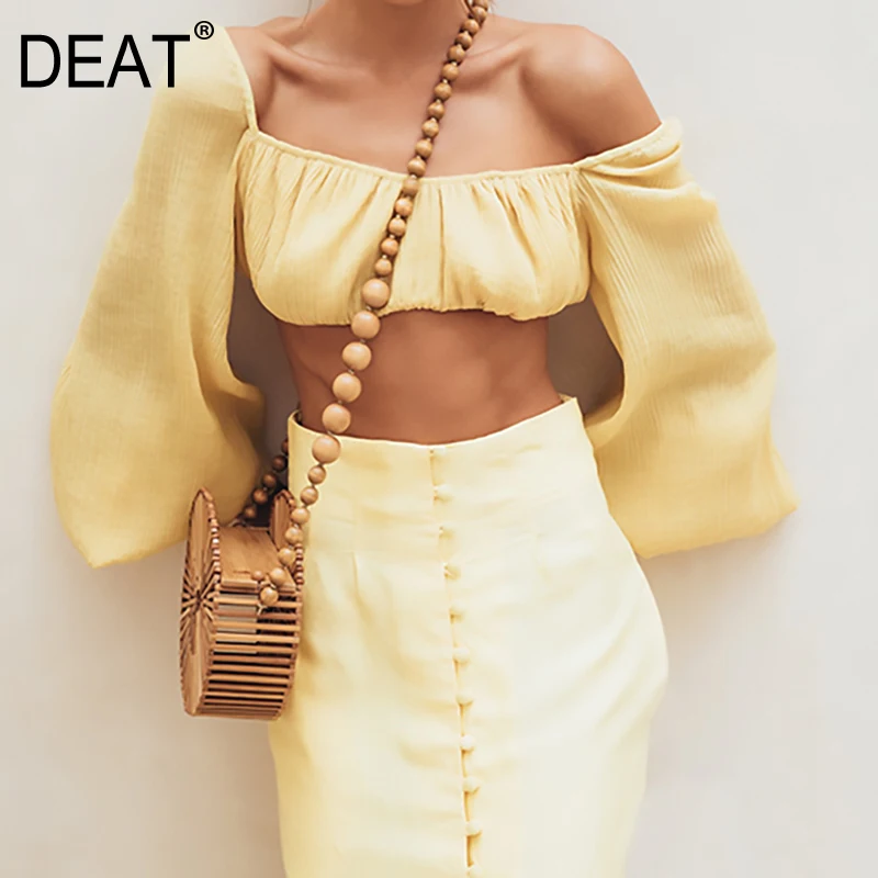 Женская блузка с длинным рукавом фонариком DEAT желтая Свободная рубашка