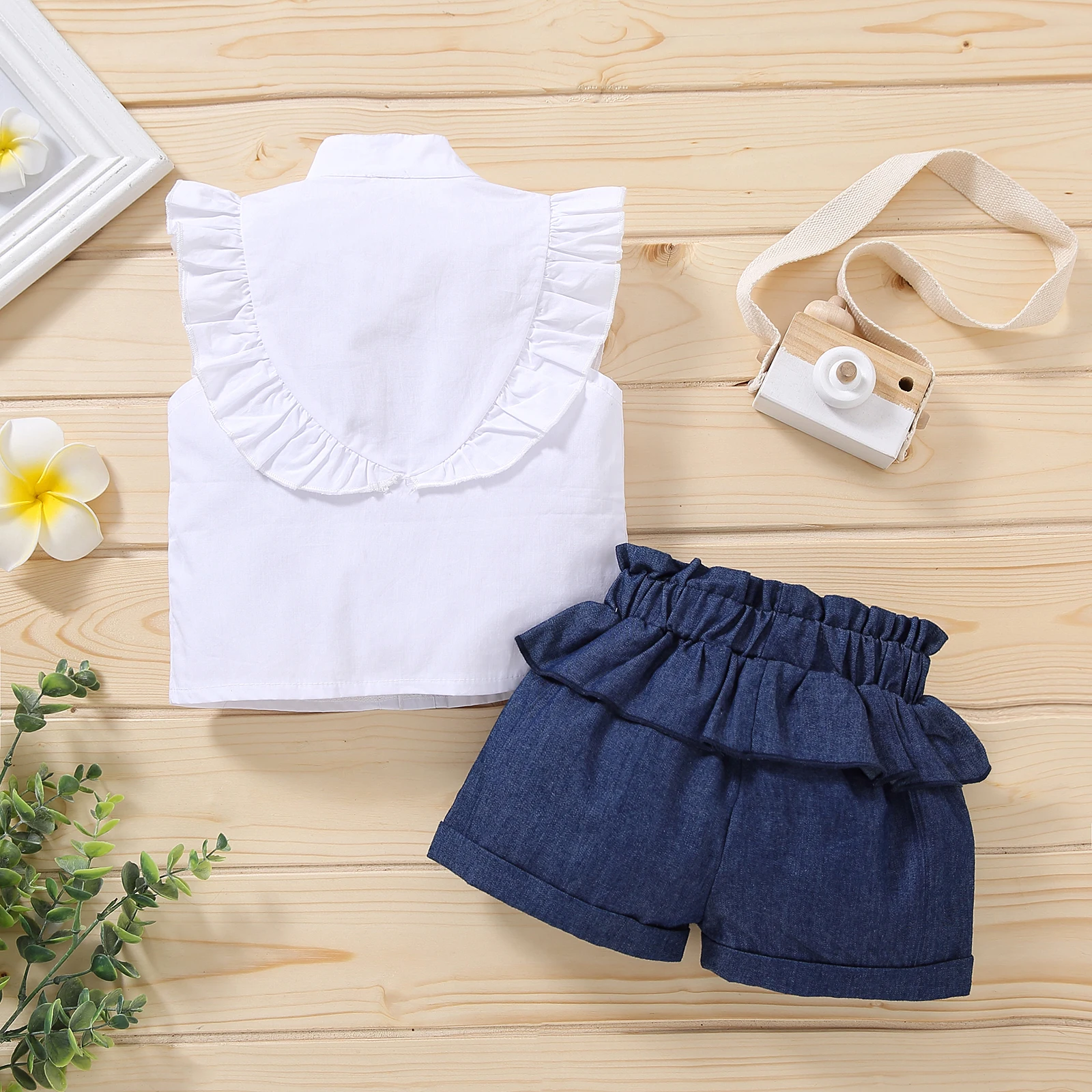 

Pudcoco 2021 Summer 18M-6Y Baby Girl 2Pcs Set Flower Embroidery Ruffled Singel Breasted Sleeveless Top+Blue Pockets Shorts