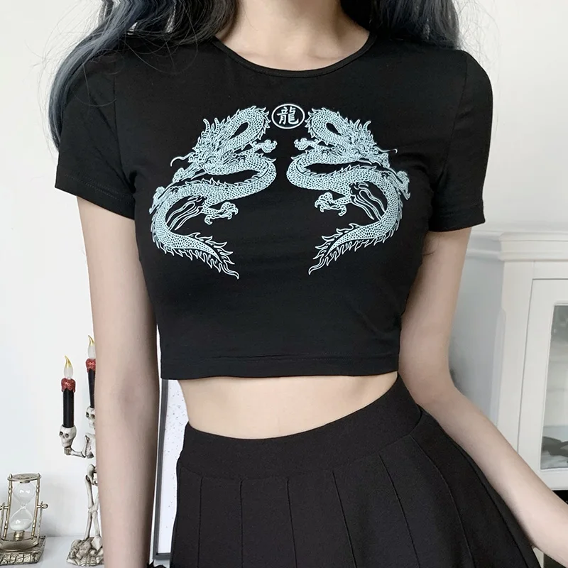 

Harajuku Sexy Black T-shirt for Women's Street Clothing Gothic Dragon Print Tight Goth Top Casual Women Summer T Shirt