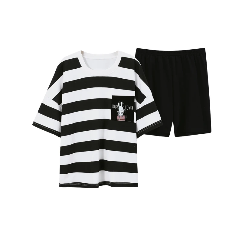 

Casual Homewear Cotton Black And White Simple Stripe T-Shirt Nightwear Summer Breathable Cool Short Sleeve Women Pajamas Sets