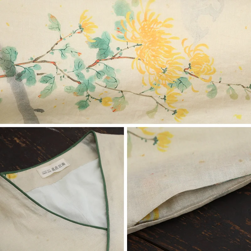 

LZJN 2020 Women New Chinese Linen Dress Spring Summer Printed A Line Long Dress Elegant Vestido Loose Robe