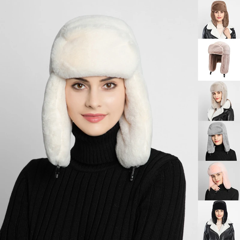 

Trendy Ear-Flapped Lei Feng Cap Lady Winter Thicken Keep Warm Couple Fashion Earflap Cap Winter Women Faux Fur Russia Hat