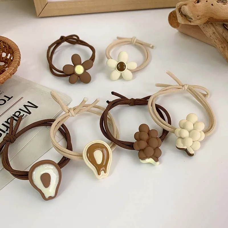 

XiaoboACC 2021 Fashion Flower Hair Rope Japanese Korean Milk Coffee Color Hair Tie Rubber Band Hair Accessories