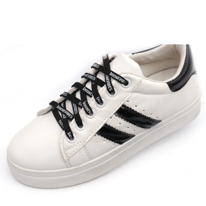 

New Material Shoelace Double Layer Polyester Silk Sreen Black Lacet With "boostVIBES" White Letter Printing Nice Cord