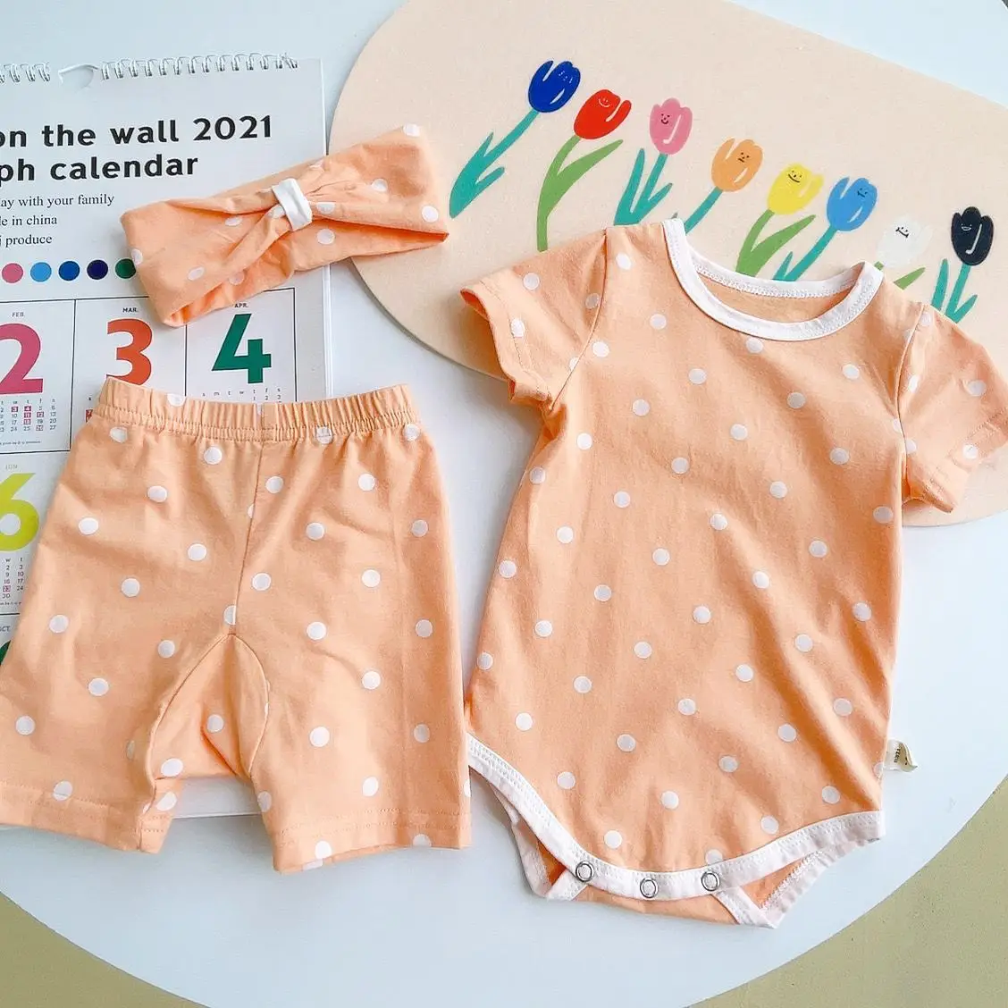 

Koodykids Summer Baby Girls Clothes Set 3PCS Polka Dot Rompers Shorts Headband 3PCS Toddlers Girls Bodysuits Shorts Clothing Set