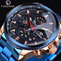 forsining three dial calendar stainless steel mens mechanical automatic sport wrist watches rose golden fashion military clock