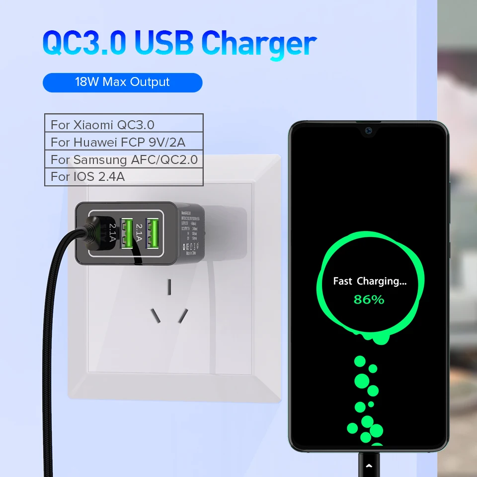 Venroii 3 USB зарядное устройство для мобильного телефона QC3.0 EU разъем для iPhone XR X Xiaomi Смартфон быстрая зарядка для huawei Быстрая зарядка