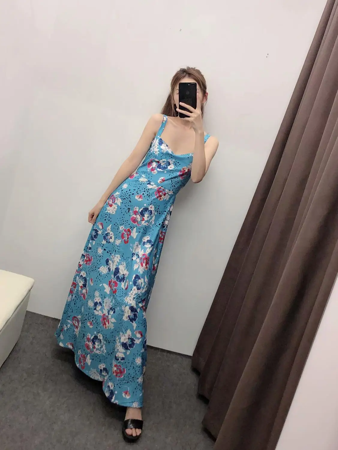ZA Новое весеннее женское синее Цветочное платье с тонкими бретельками до