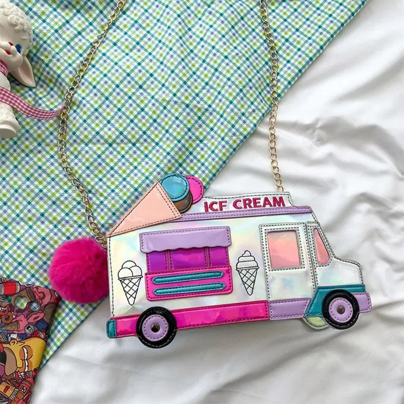 

Novelty Women Ladies Cartoon Car Shaped Ice Cream Print Tote Purse Handbag Messenger Satchel Crossbody PU Leather Shoulder Bag