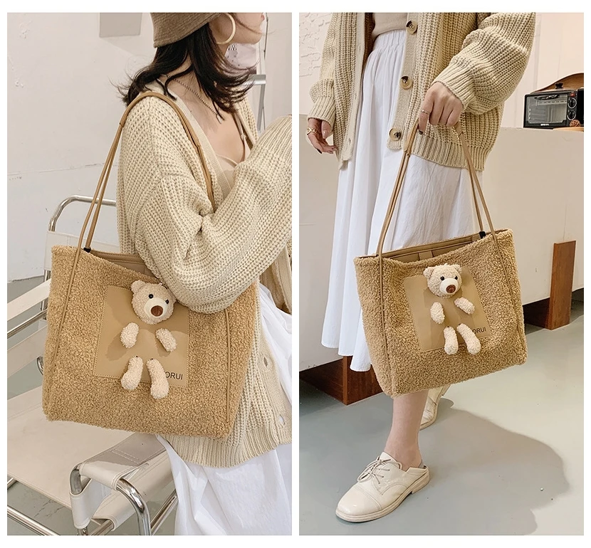 

Cute Faux Lamb Wool Plush Stuffed Bear Tote Bag Girls Teenager Female Winter Korean Fashion Stylish Sweet Faux Fur Handbag Gift
