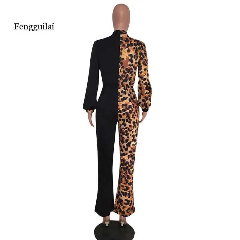 

Fengguilai new elegant autumn sexy lady leopard jumpsuit full sleeve V-neck jumpsuit sexy lady long jumpsuit