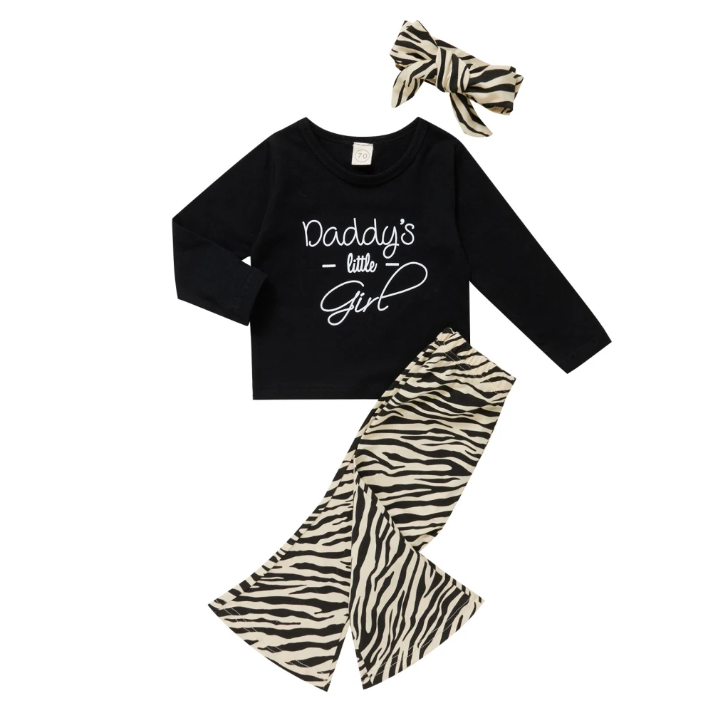 

3 Piece Set Baby Girls Crew Neck Letter Long Sleeve + Leopard Print Flared Trousers + Headband Baby's Sets