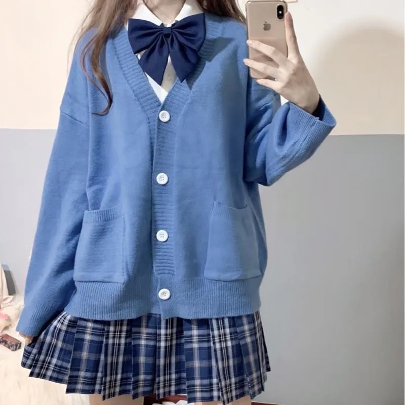 

Japan School Sweater Spring Autumn 100% V-neck Cotton Knitted Sweater JK Uniforms Cardigan Multicolor Student Girls Cosplay