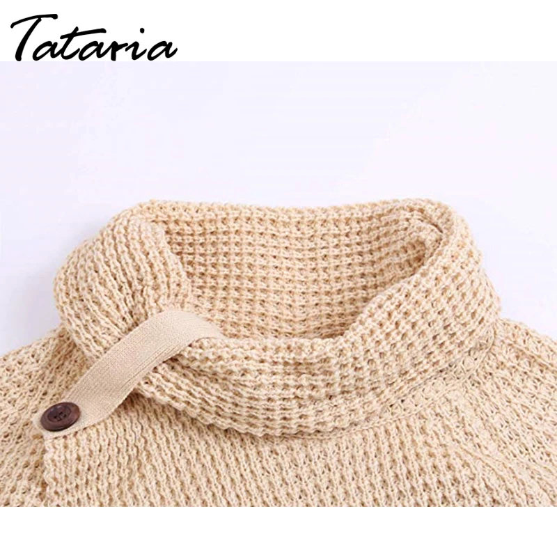 Tataria Womens Button Turtleneck Knitted Sweater Female Asymmetric Hem Wrap Pullover Tops Women Jumpers | Женская одежда