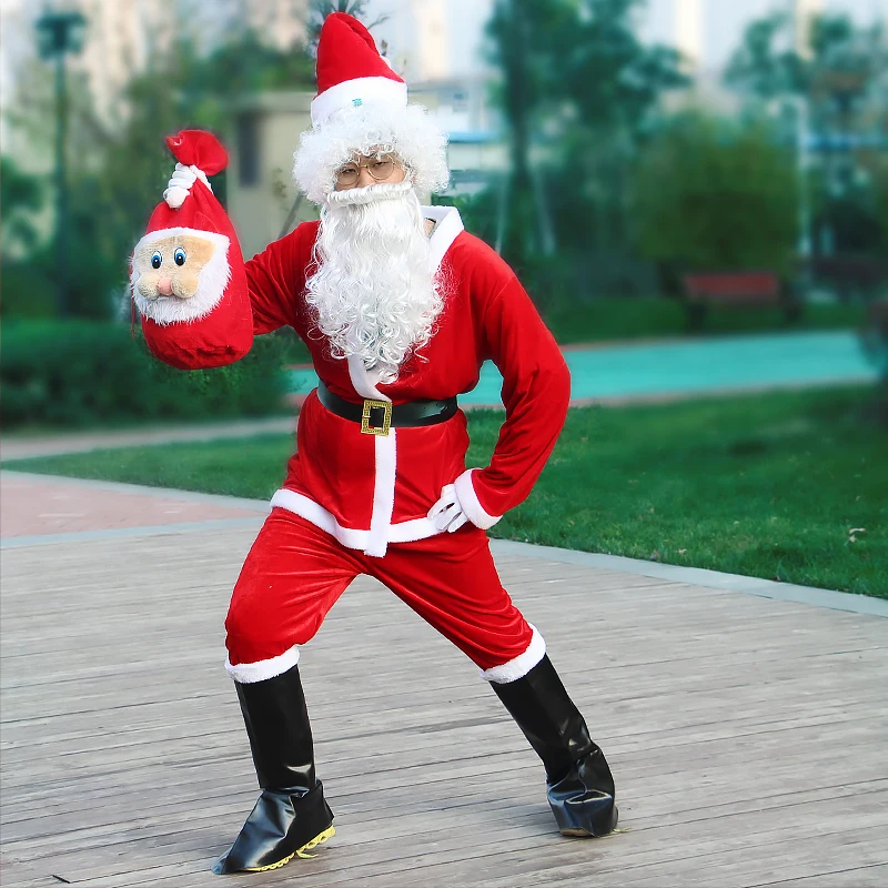 

9pcs/Lot Halloween Santa Claus Costume In Christmas Cosplay Party Clothes Fancy Dress Men Costume Suits For Adults