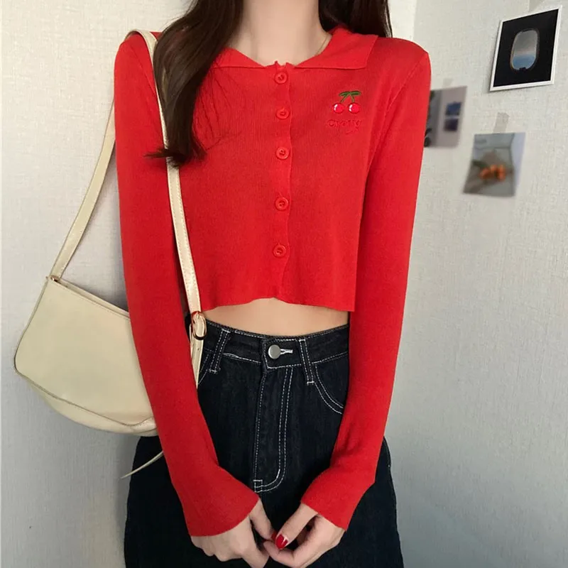 

Fashion Long-sleeved Embroidery Thin Knit Sweater, Lazy Style, Short Top, Women's Purple Free Size