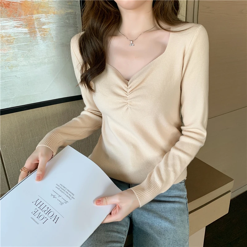 2020 Women Autumn Knitted Sweater Solid Square Collar Female Cotton Soft Elastic Pullovers Full Sleeve Sexy Fashion Top | Женская одежда