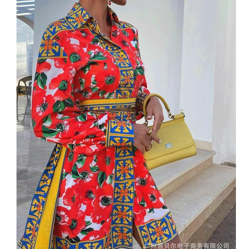 

Женское платье-рубашка с высокой талией Mandylandy, Летнее мини-платье-рубашка на шнуровке с принтом, облегающее пикантное Цветочное платье с дл...