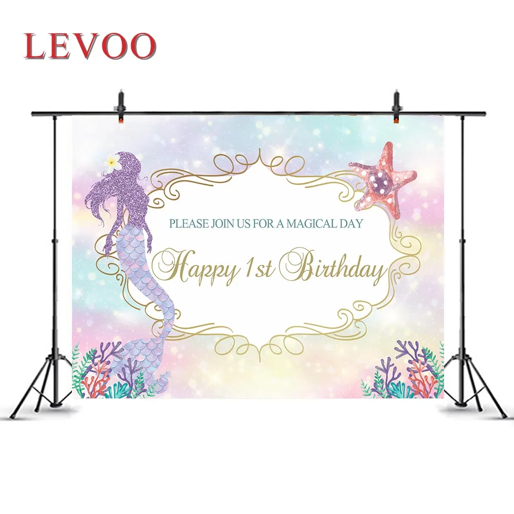 

Levoo Underwater World Theme Mermaid Backdrop Happy 1st Birthday Party Decoration Background Banner Props Photophone Photo Zone