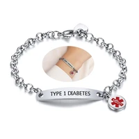 custom rolo chain medical alert id bracelet with heart tag engraved stainless steel bar bangles women identification jewelry
