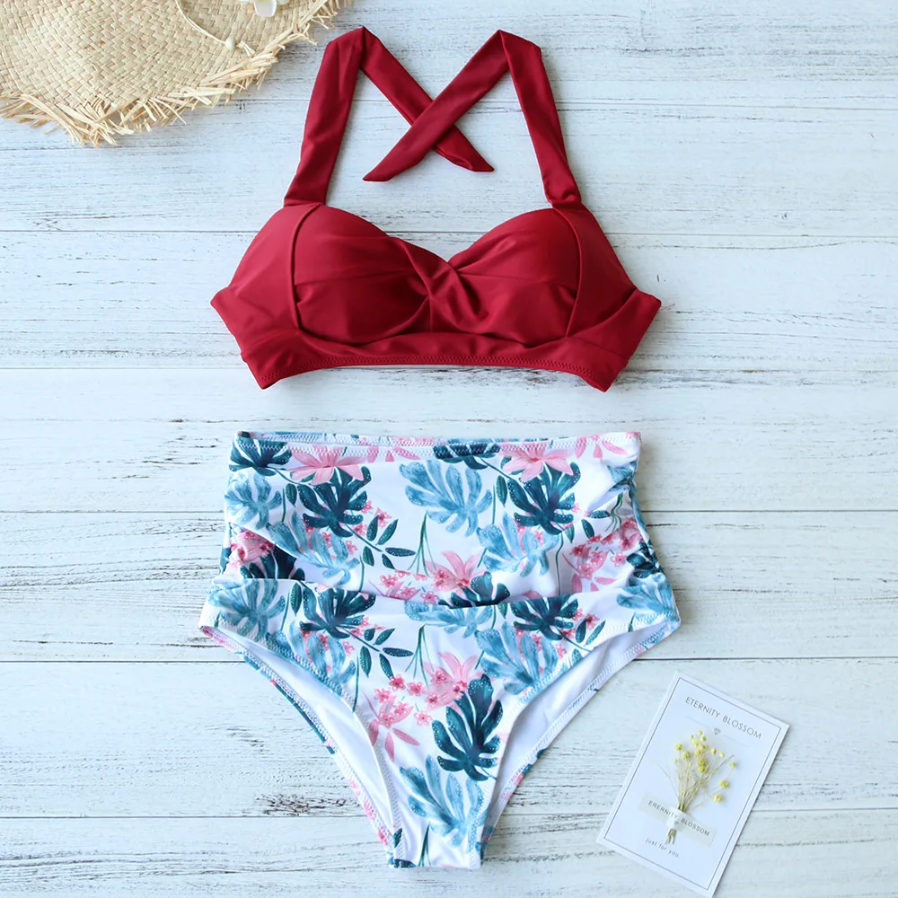 

Bikinis 2020 Sexy High Waist Bikini Swimsuit Women Printed Swimwear Female Bandage Halter Bikini Set Push Up Bathing Suit Swim