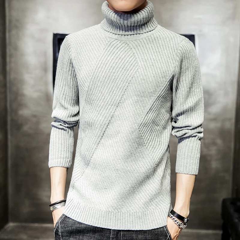 

Autumn Winter Warm Pullover Turtleneck Sweater Men Fashion Solid Knitted Mens Sweaters Casual Male Double Collar Slim Pullover