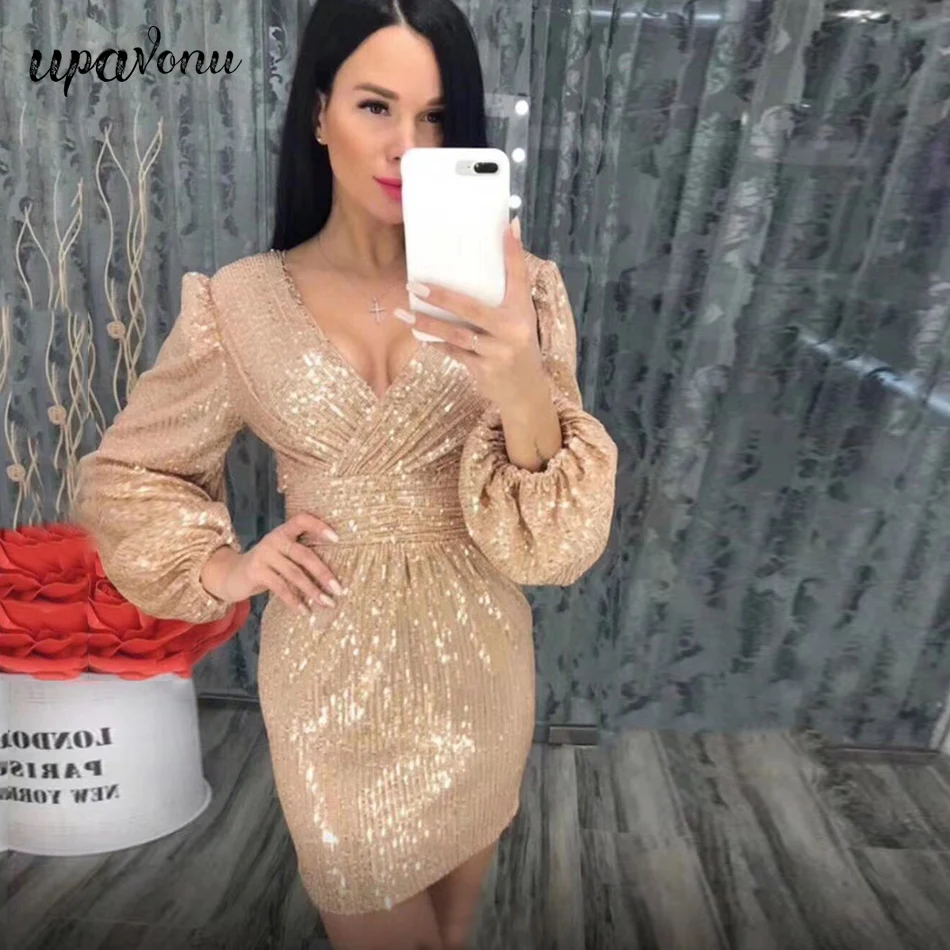 

Free Shipping Sexy Gold Shiny Sequin Dress Women's V-neck Lantern Long Sleeve Bodycon Mini Dresses Celebrity Club Party Vestidos