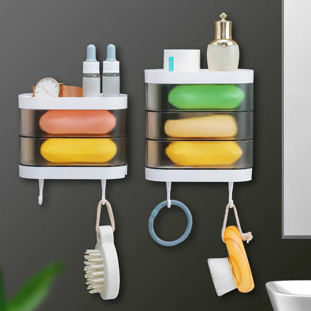 

New Style Rotatable 180 Degree Wall Mounted Soap Box 1/2/3 Layer Soap Dish Rack With Hooks Kitchen And Bathroom Supplies