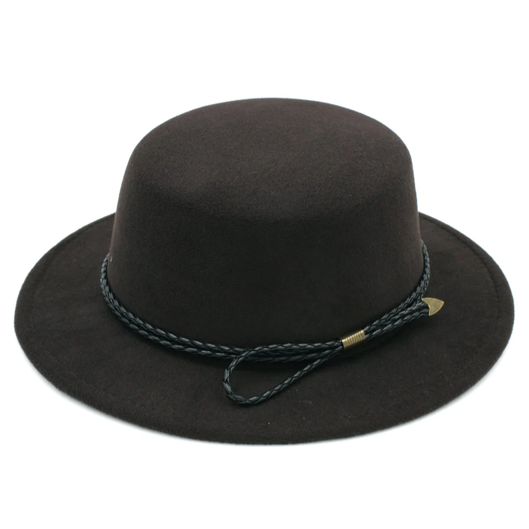 

Munng Women Men Wool Blend Boater Hat Sailor Flat Top Bowler Caps Flat Wide Brim Snake Cord Band Size 56-58cm