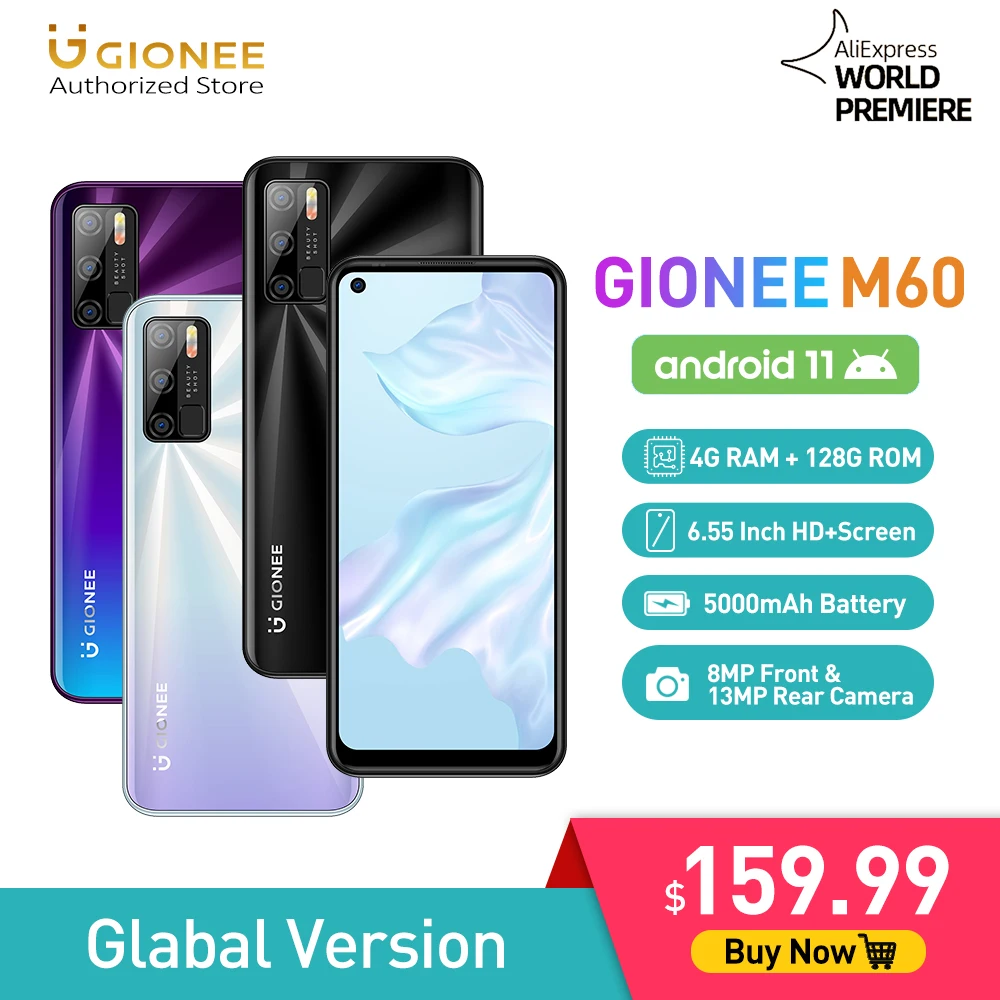 

GIONEE M60 Android 11 Smartphone 4G+128G Octa Core MobilePhone 6.55" 4G Cellphone 8MP+13MP Camera Realme Cubot Umidigi Blackview