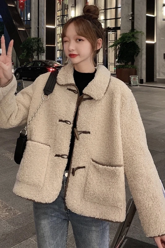 

Imitation Lamb Wool Short Coat Women's Autumn and Winter All-Matching New Loose Long Sleeve Short-Height Horn Buckle Cardigan