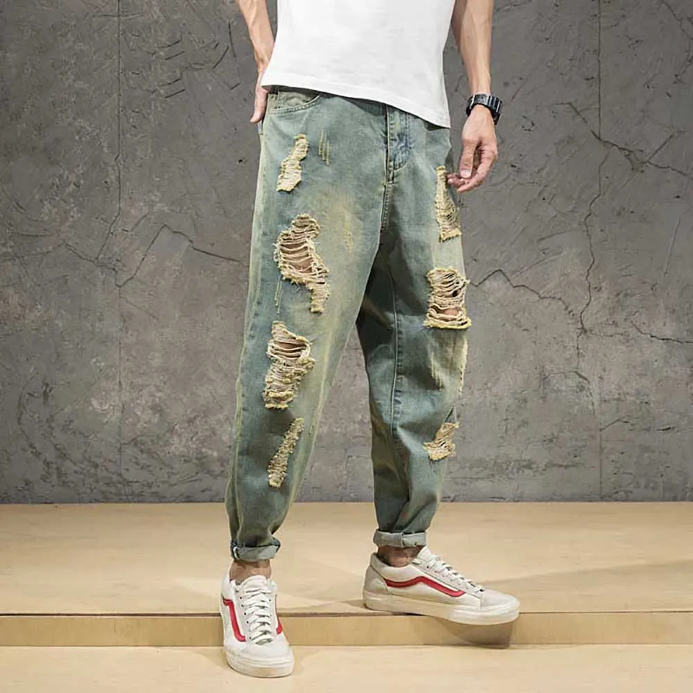 Модные уличные разорванный гарем джинсы мужские повседневные полые дырки