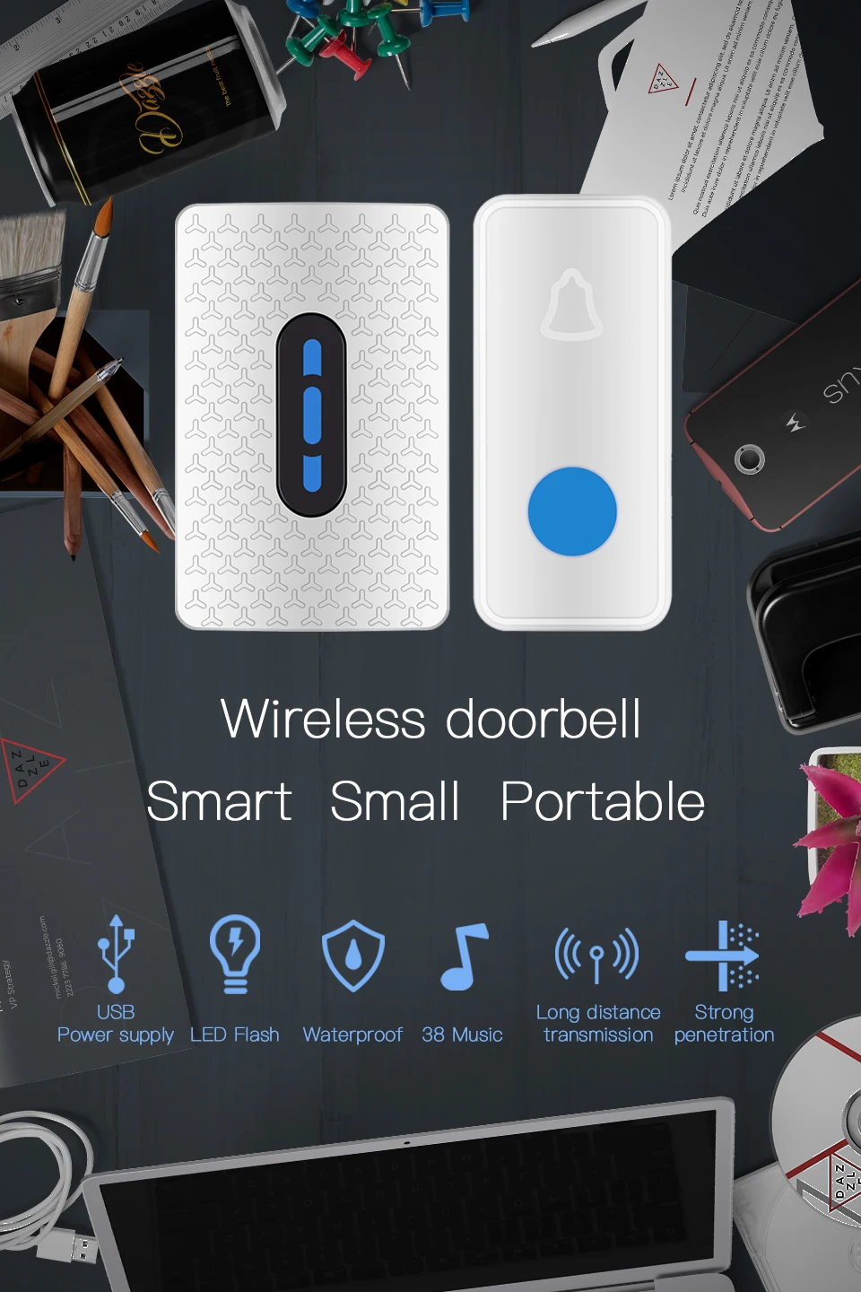 IngHoo умный беспроводной USB дверной звонок 38 ringtone передатчик 200 метров индукция водонепроницаемый для дома шоппинг склад