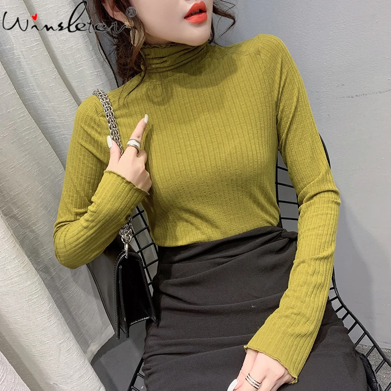 

Spring Fall European Clothes Cotton Vintage T-Shirt Fashion Solid Ruffles Sexy Heaps Collar Women Tops Long Sleeve Tees T17421A